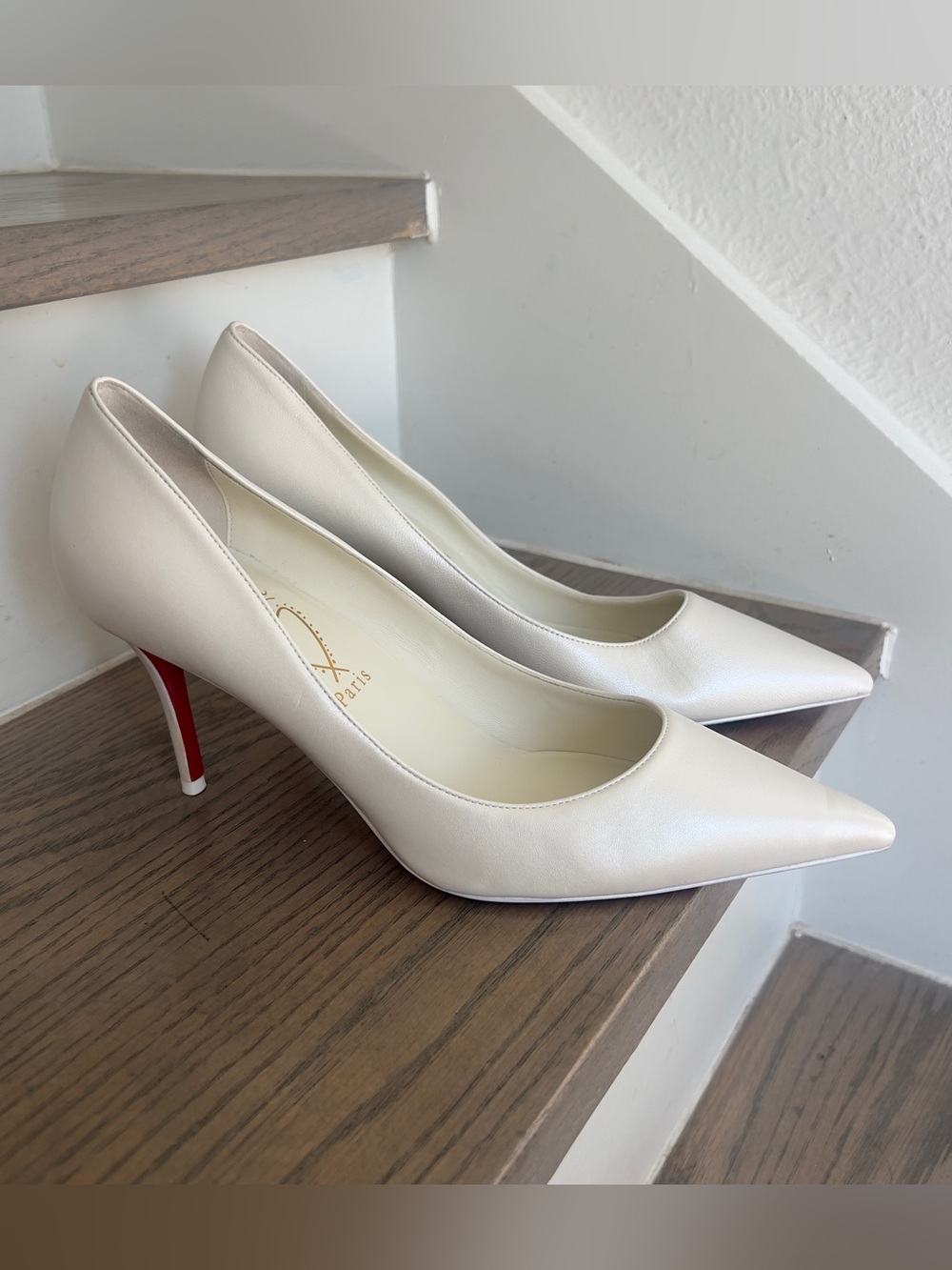 80mm Miss Z Nappa Leather Red Sole Pointed-Toe Pumps Heels in Bianco White - Picture 2 of 11